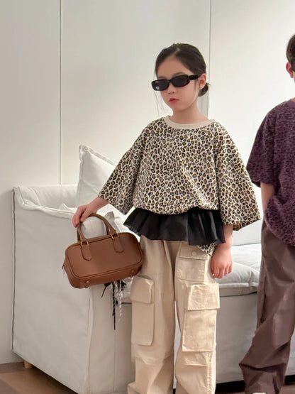 半袖Tシャツ キッズトップス レオパードヒョウ柄プリント半袖Tシャツ【mh0008885】