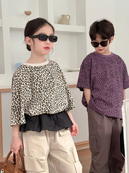 半袖Tシャツ キッズトップス レオパードヒョウ柄プリント半袖Tシャツ【mh0008885】