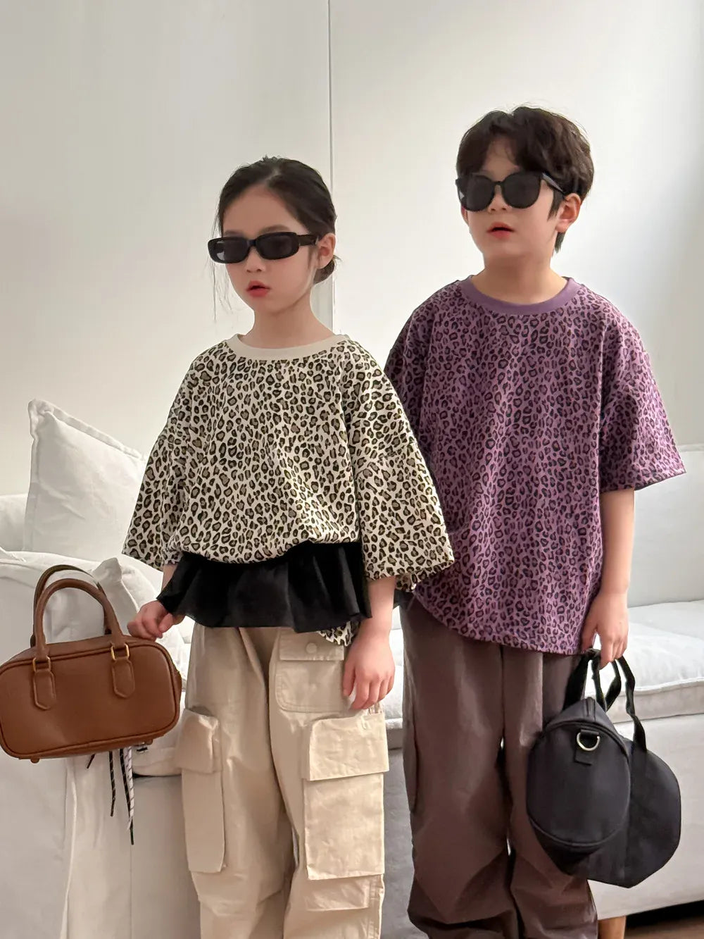 半袖Tシャツ キッズトップス レオパードヒョウ柄プリント半袖Tシャツ【mh0008885】