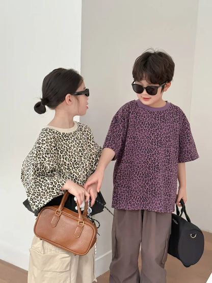 半袖Tシャツ キッズトップス レオパードヒョウ柄プリント半袖Tシャツ【mh0008885】