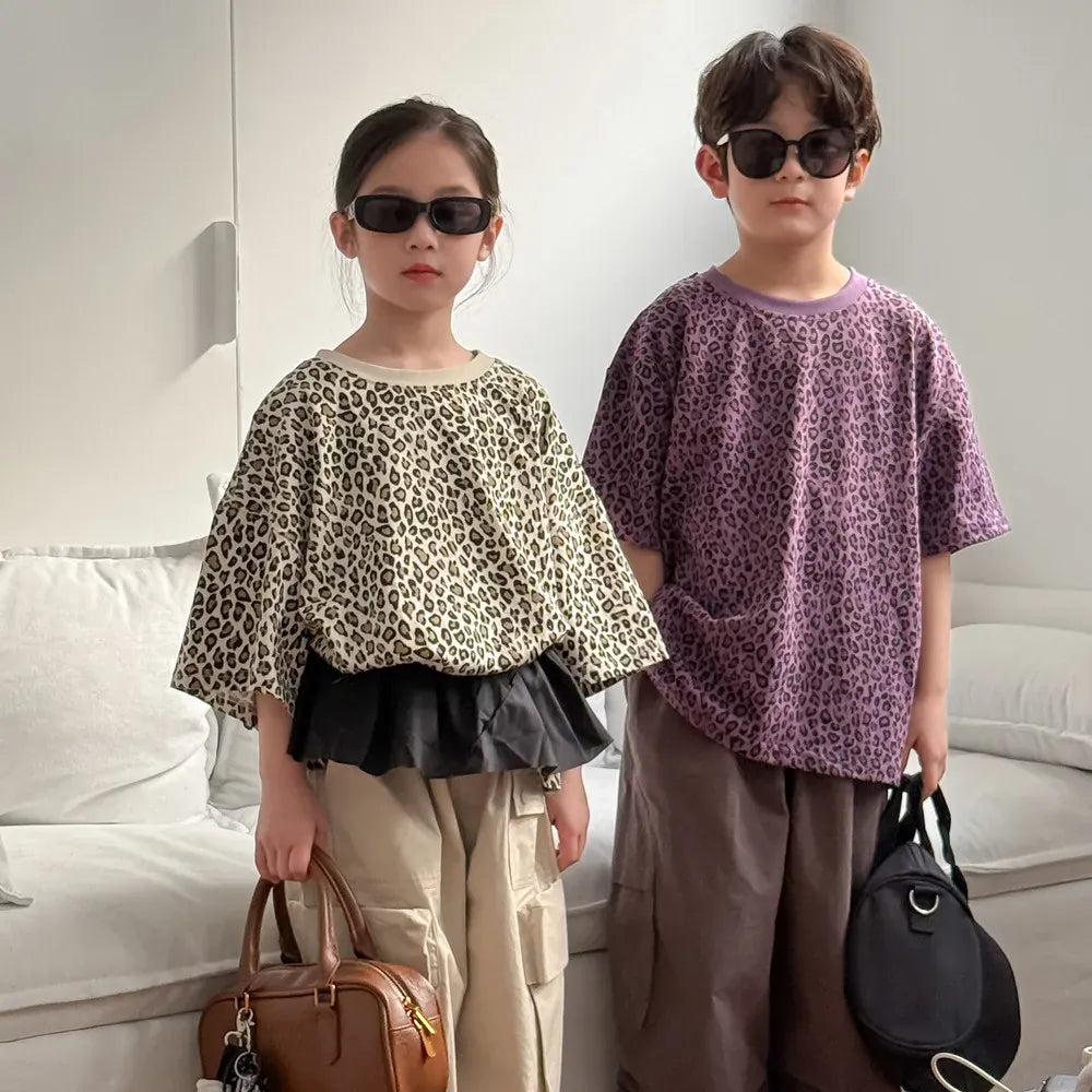 半袖Tシャツ キッズトップス レオパードヒョウ柄プリント半袖Tシャツ【mh0008885】