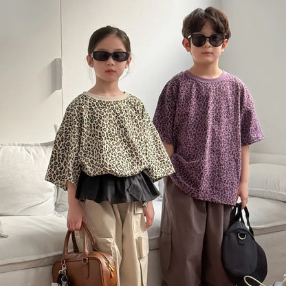 半袖Tシャツ キッズトップス レオパードヒョウ柄プリント半袖Tシャツ【mh0008885】