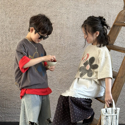 半袖Tシャツ フラワープリント半袖ルーズTシャツ【mh0009678】