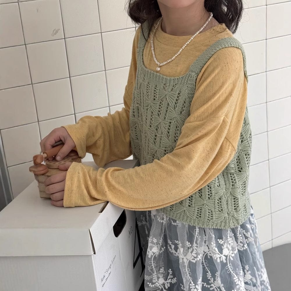 長袖Tシャツ レースニットベスト/シンプル長袖Tシャツ【mh0009695】