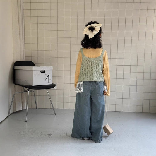 長袖Tシャツ レースニットベスト/シンプル長袖Tシャツ【mh0009695】