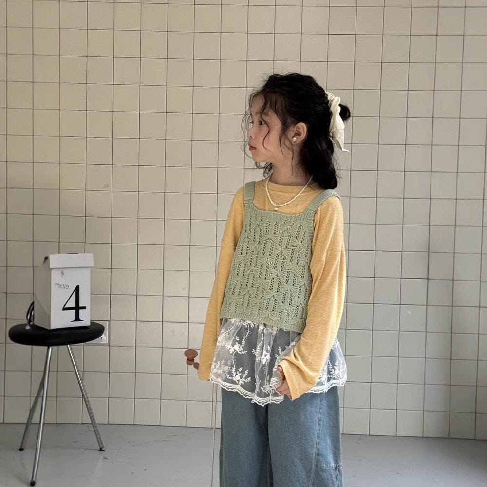 長袖Tシャツ レースニットベスト/シンプル長袖Tシャツ【mh0009695】