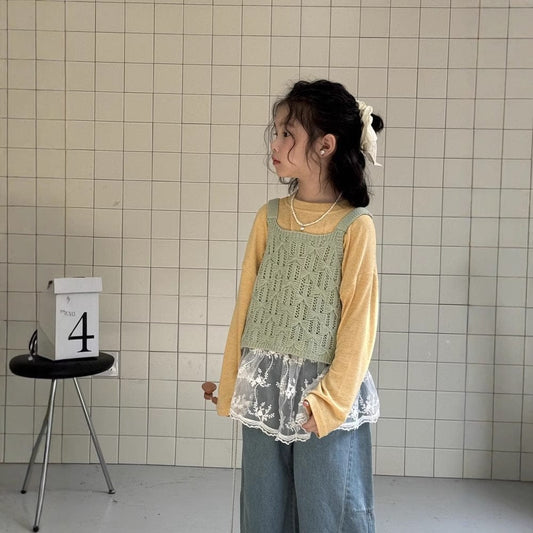 長袖Tシャツ レースニットベスト/シンプル長袖Tシャツ【mh0009695】