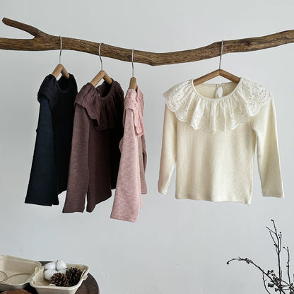 長袖Tシャツ フラワーフリル襟長袖Tシャツ キッズカットソー【mh0010958】