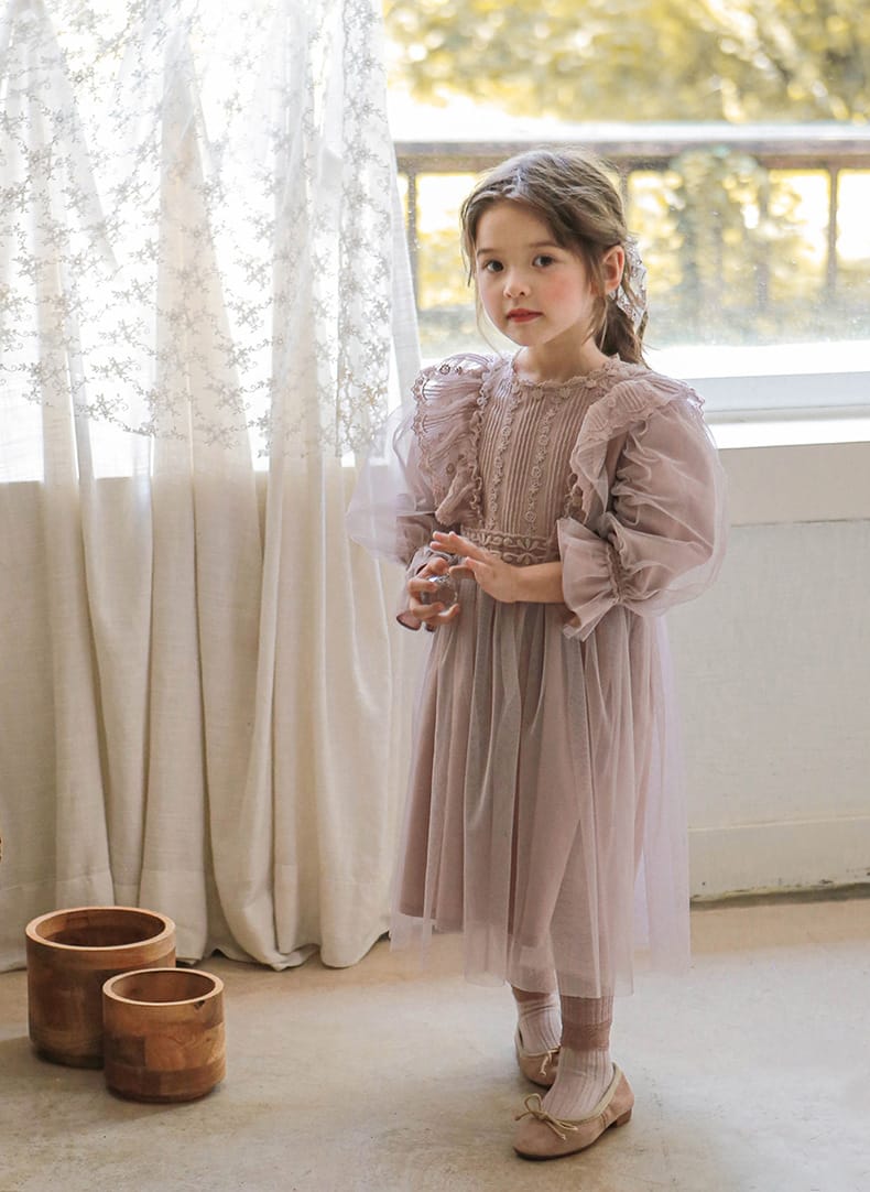 Lace Chiffon Tulle Princess Dress レース シフォン チュール プリンセス ワンピース【mh0002501】 Strawberry Coral 長袖ワンピース