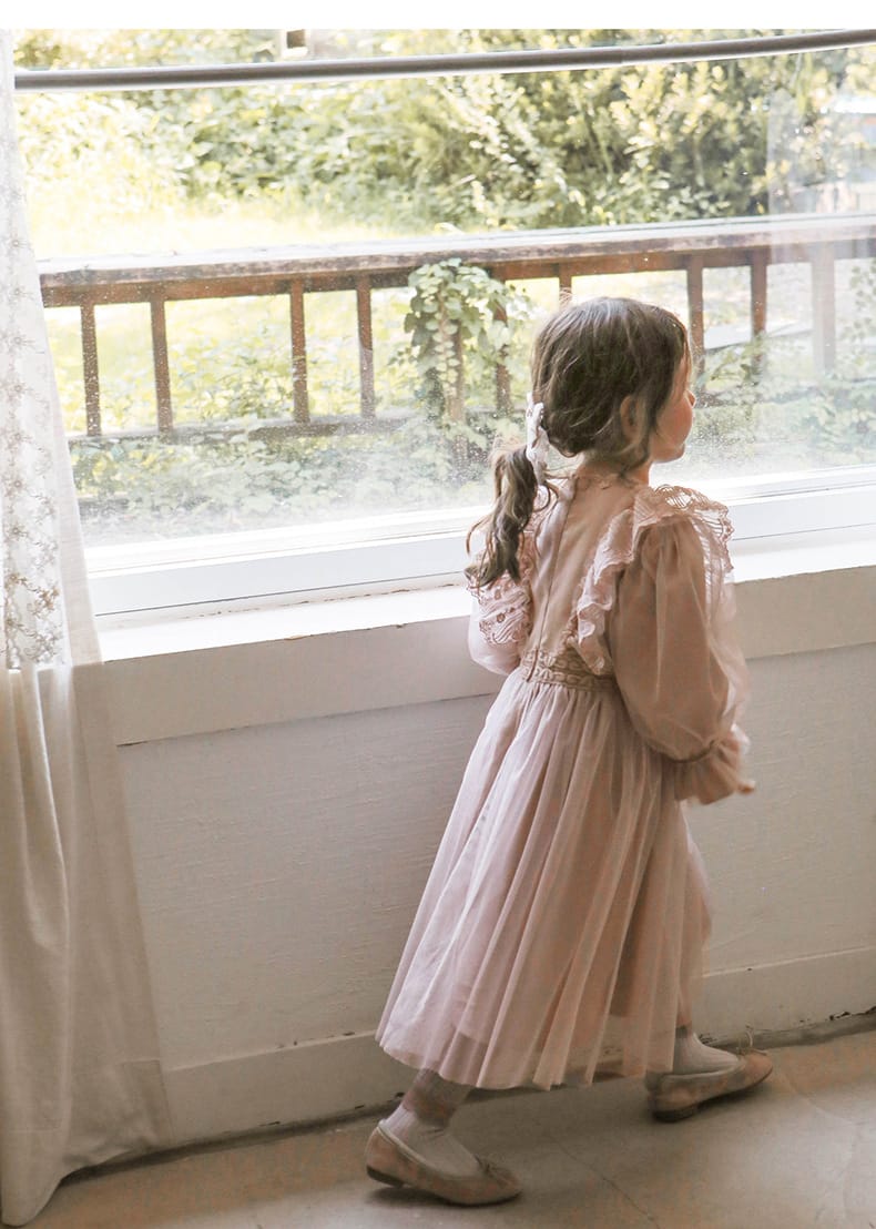 Lace Chiffon Tulle Princess Dress レース シフォン チュール プリンセス ワンピース【mh0002501】 Strawberry Coral 長袖ワンピース