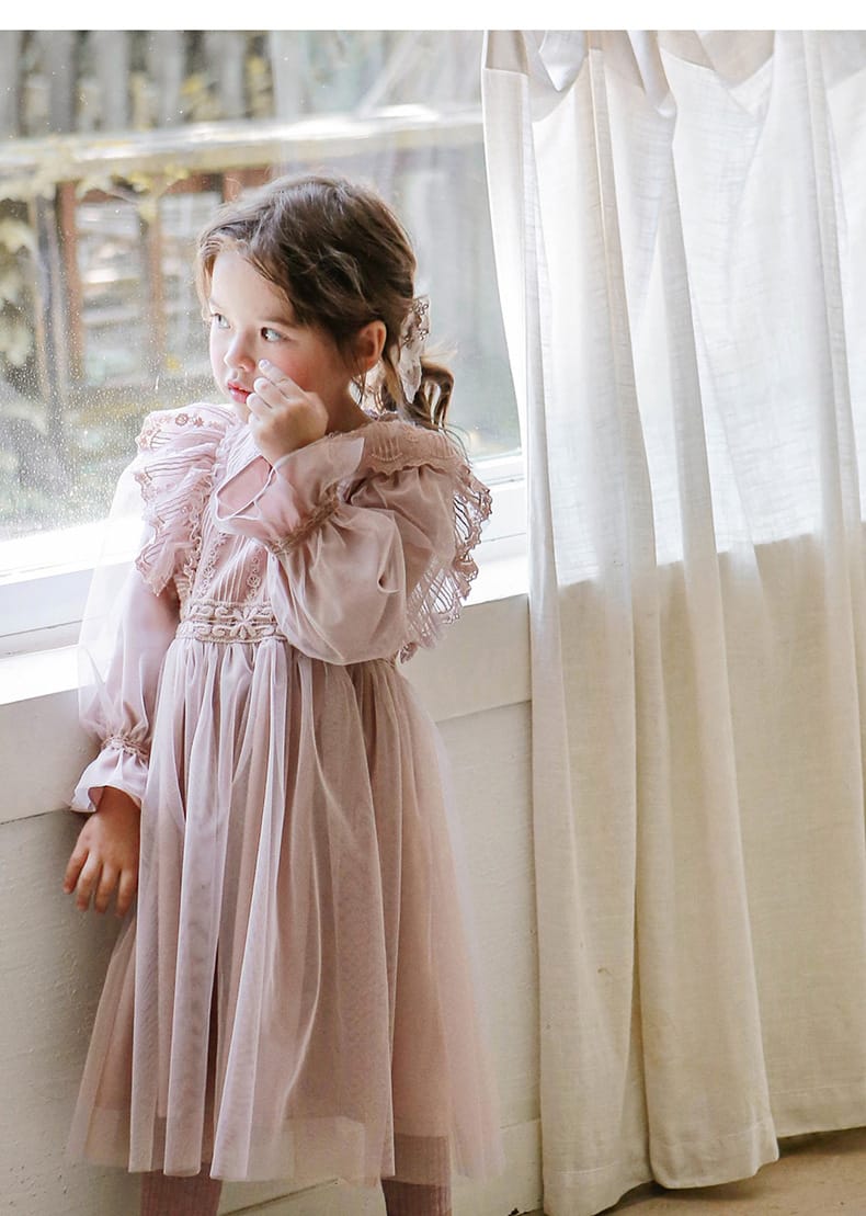 Lace Chiffon Tulle Princess Dress レース シフォン チュール プリンセス ワンピース【mh0002501】 Strawberry Coral 長袖ワンピース