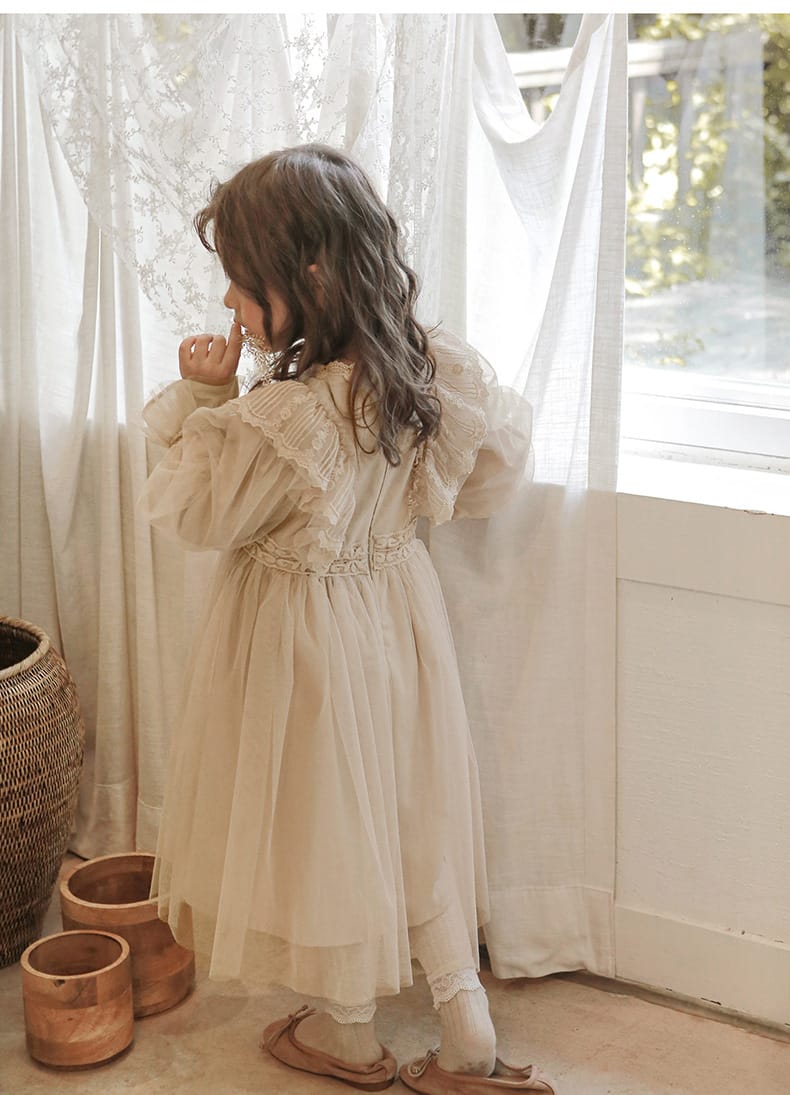 Lace Chiffon Tulle Princess Dress レース シフォン チュール プリンセス ワンピース【mh0002501】 Strawberry Coral 長袖ワンピース
