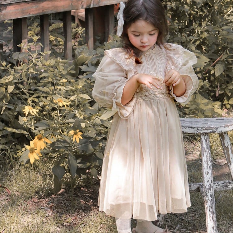 Lace Chiffon Tulle Princess Dress レース シフォン チュール プリンセス ワンピース【mh0002501】 Strawberry Coral 長袖ワンピース