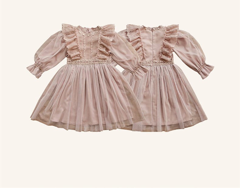 Lace Chiffon Tulle Princess Dress レース シフォン チュール プリンセス ワンピース【mh0002501】 Strawberry Coral 長袖ワンピース