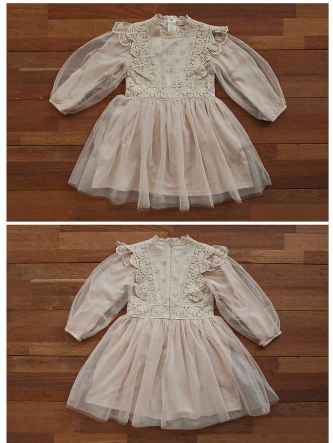Lace Chiffon Tulle Princess Dress レース シフォン チュール プリンセス ワンピース【mh0002501】 Strawberry Coral 長袖ワンピース
