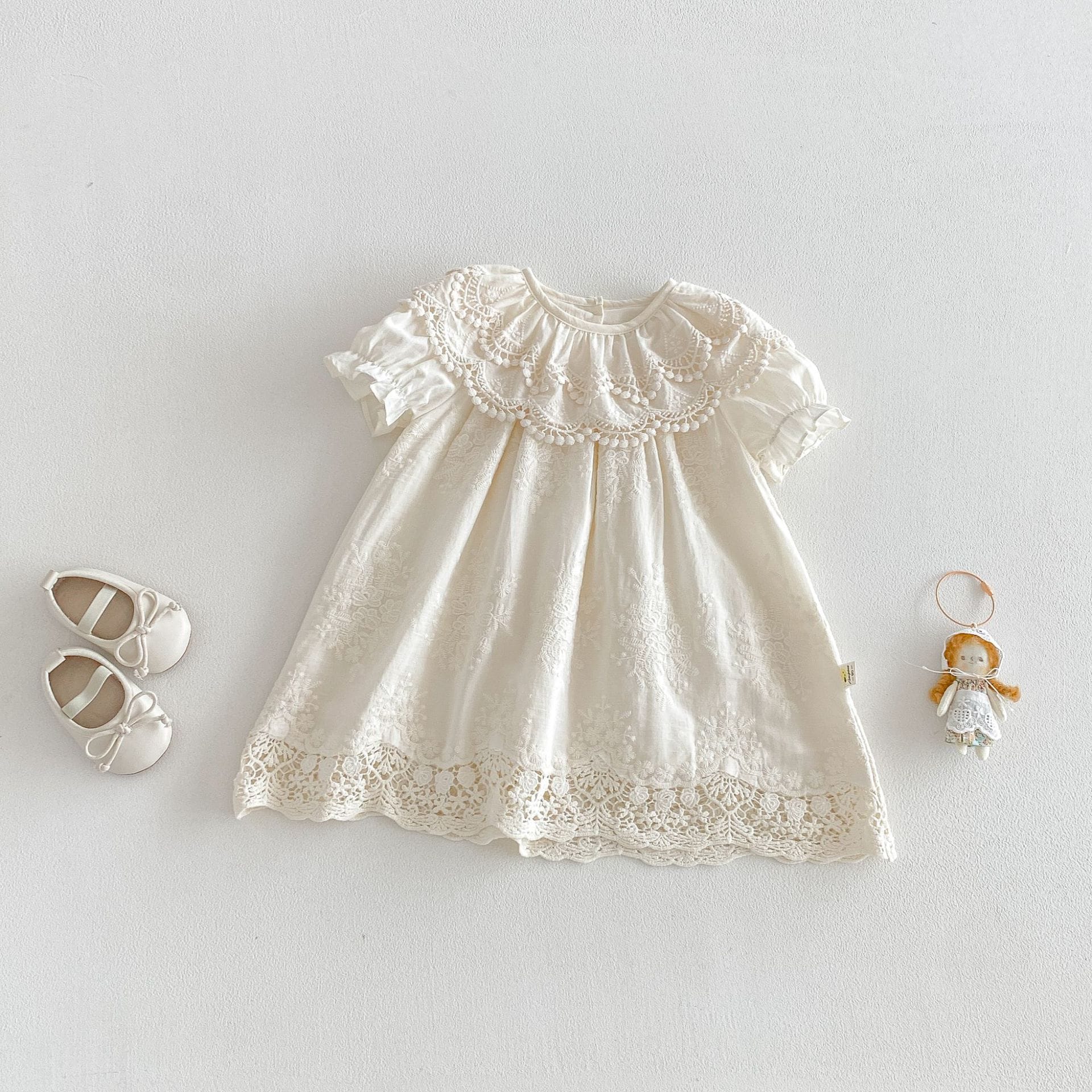 Lace Collar Embroidery Dress レース襟 総刺繍 コットン 半袖ワンピース【mh0012707】 angou 半袖ワンピース