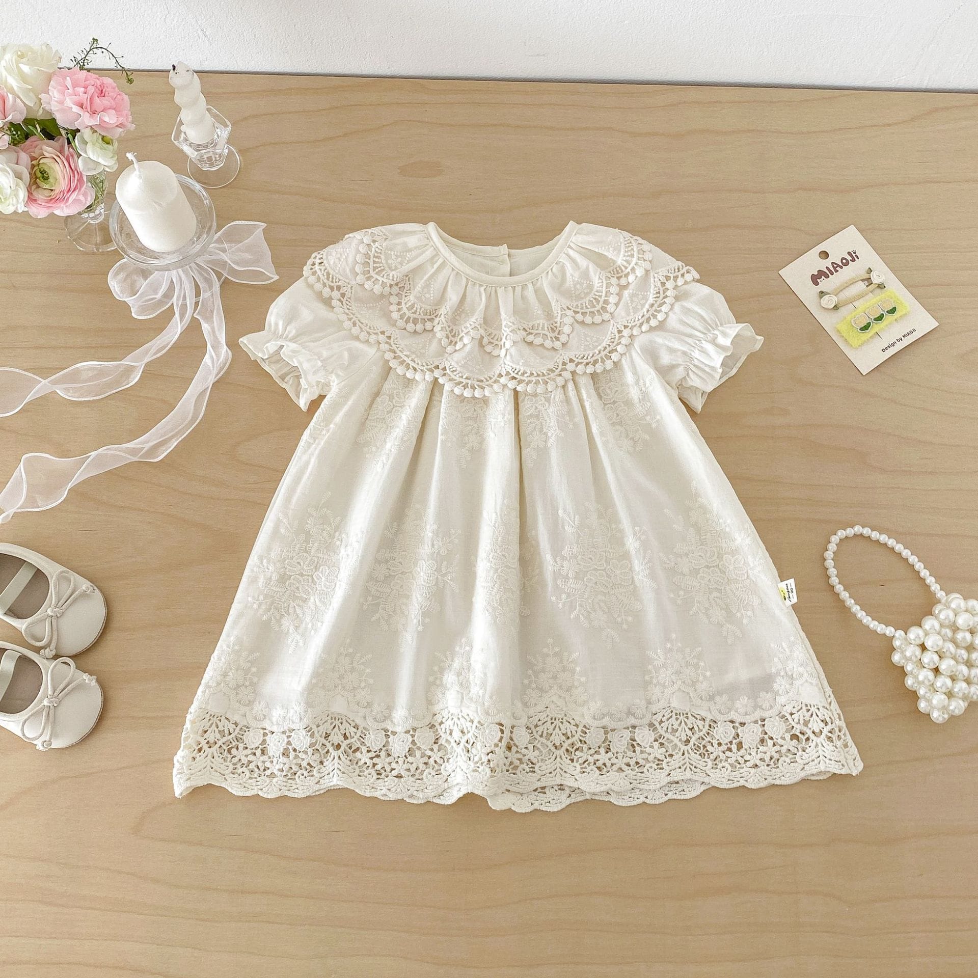 Lace Collar Embroidery Dress レース襟 総刺繍 コットン 半袖ワンピース【mh0012707】 angou 半袖ワンピース