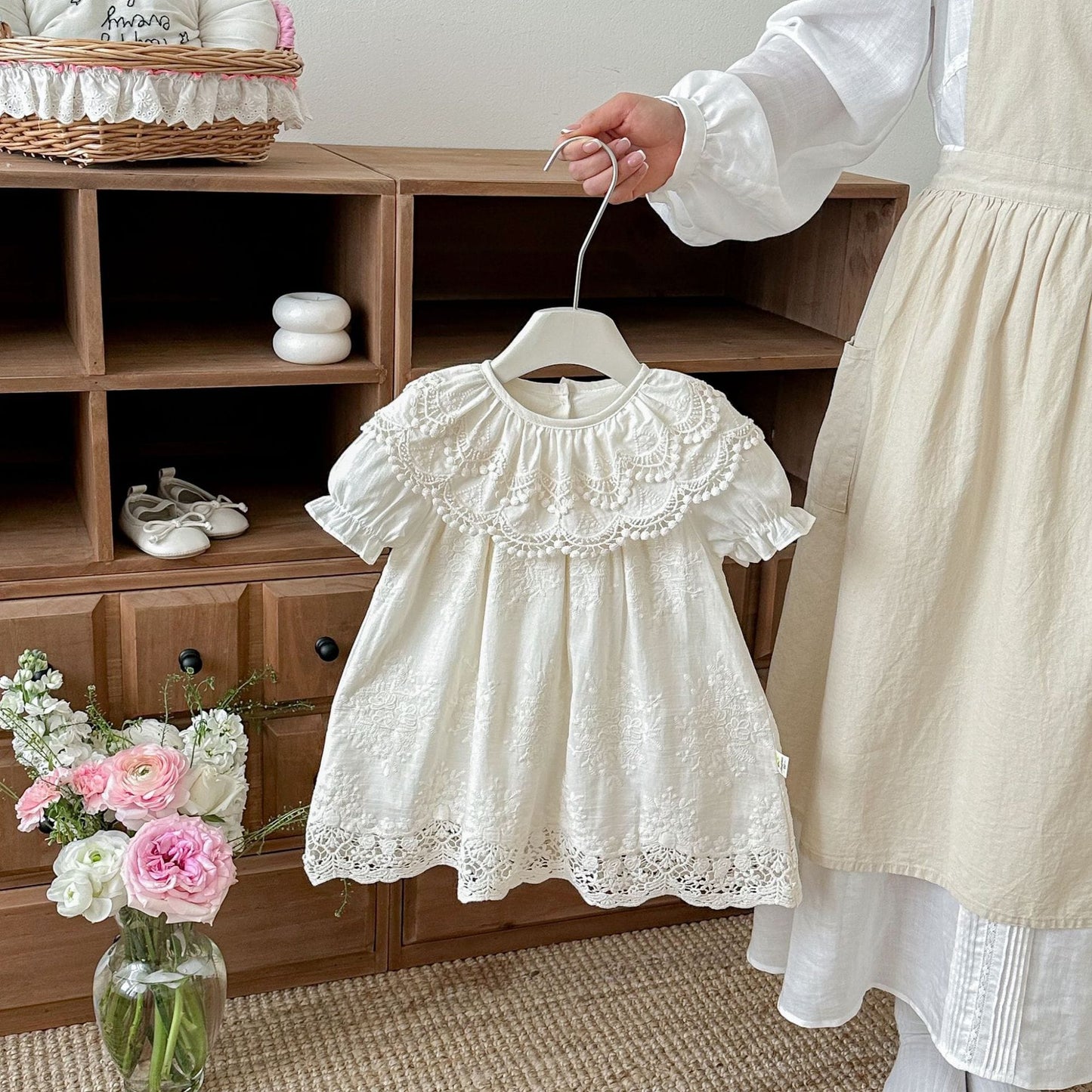 Lace Collar Embroidery Dress レース襟 総刺繍 コットン 半袖ワンピース【mh0012707】 angou 半袖ワンピース