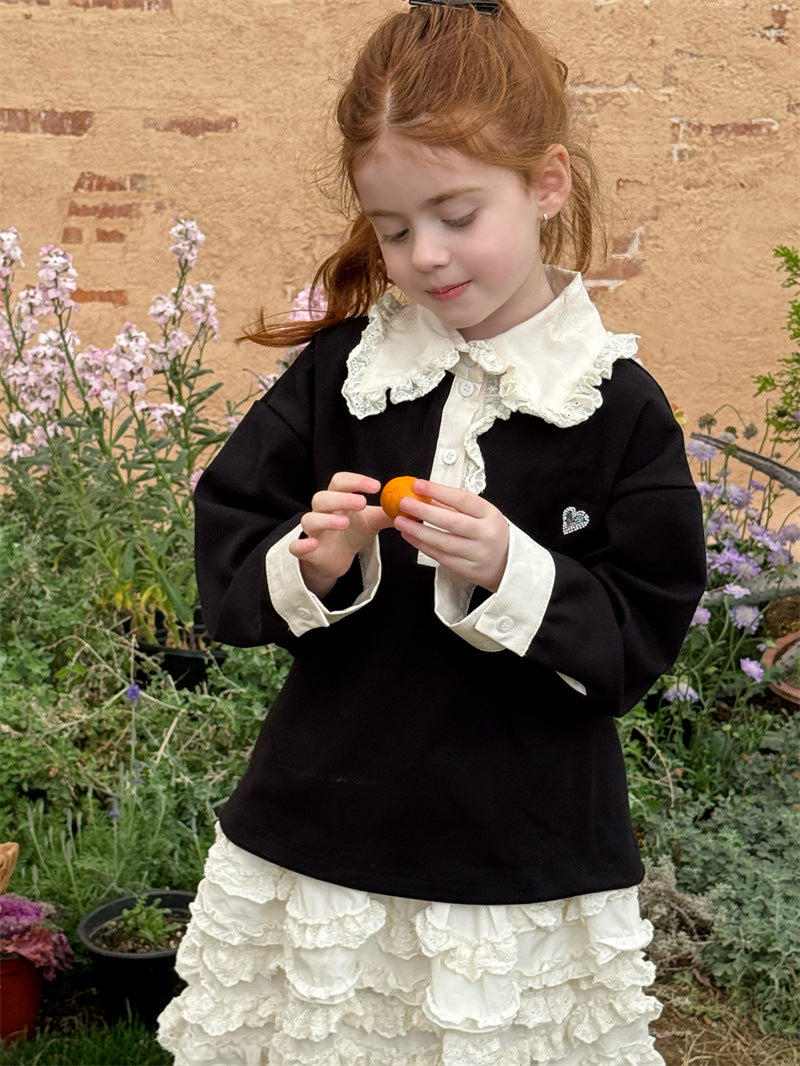 Lace Collar Rhinestone Polo Shirt レース襟 長袖ポロシャツ【mh0012428】 90cm / black mamahalo shop