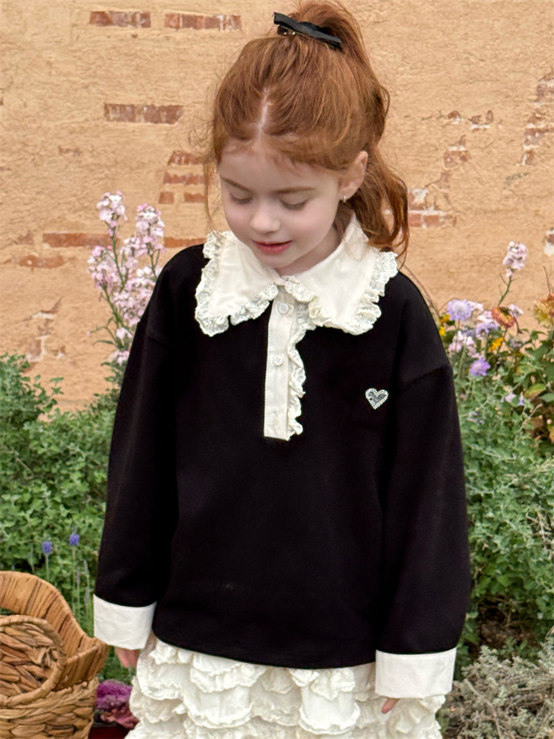 Lace Collar Rhinestone Polo Shirt レース襟 長袖ポロシャツ【mh0012428】 Chengle