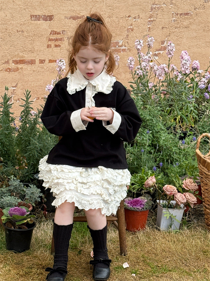 Lace Collar Rhinestone Polo Shirt レース襟 長袖ポロシャツ【mh0012428】 Chengle