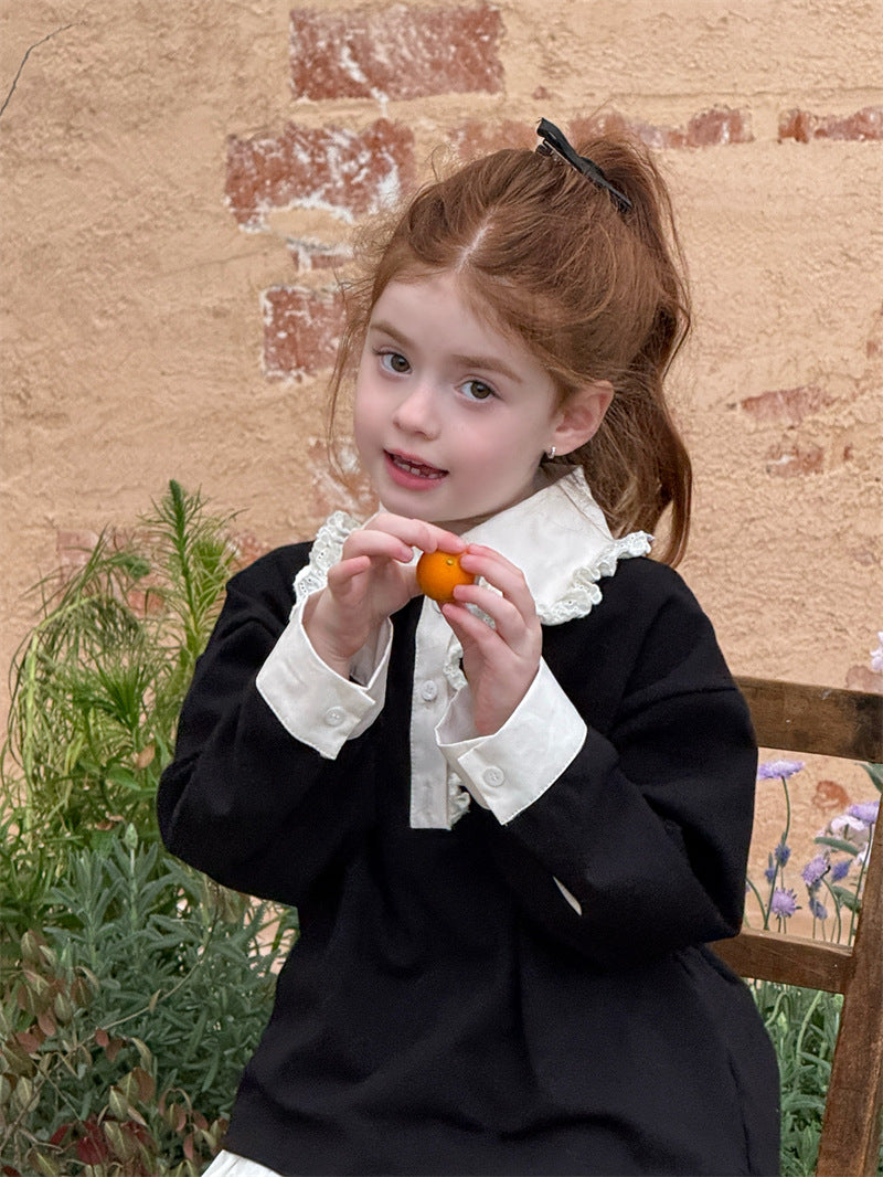 Lace Collar Rhinestone Polo Shirt レース襟 長袖ポロシャツ【mh0012428】 Chengle