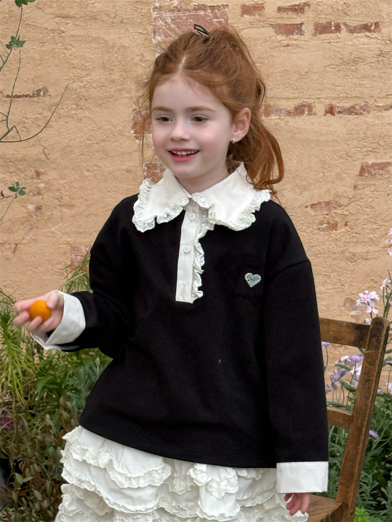 Lace Collar Rhinestone Polo Shirt レース襟 長袖ポロシャツ【mh0012428】 Chengle