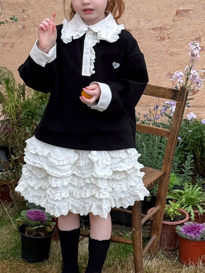 Lace Collar Rhinestone Polo Shirt レース襟 長袖ポロシャツ【mh0012428】 Chengle