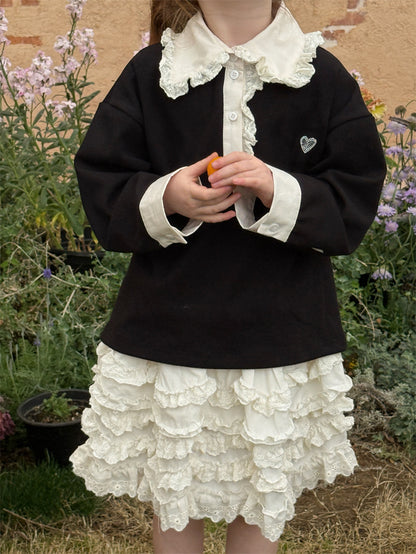 Lace Collar Rhinestone Polo Shirt レース襟 長袖ポロシャツ【mh0012428】 Chengle