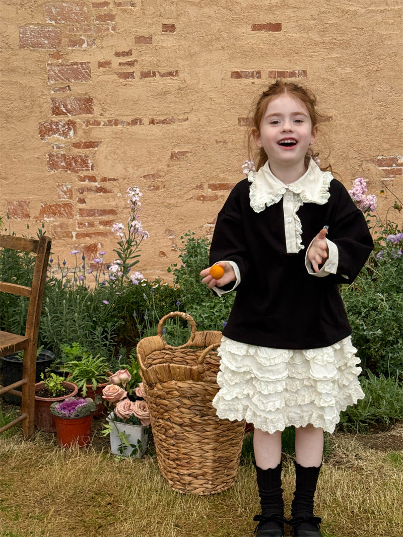 Lace Collar Rhinestone Polo Shirt レース襟 長袖ポロシャツ【mh0012428】 mamahalo shop