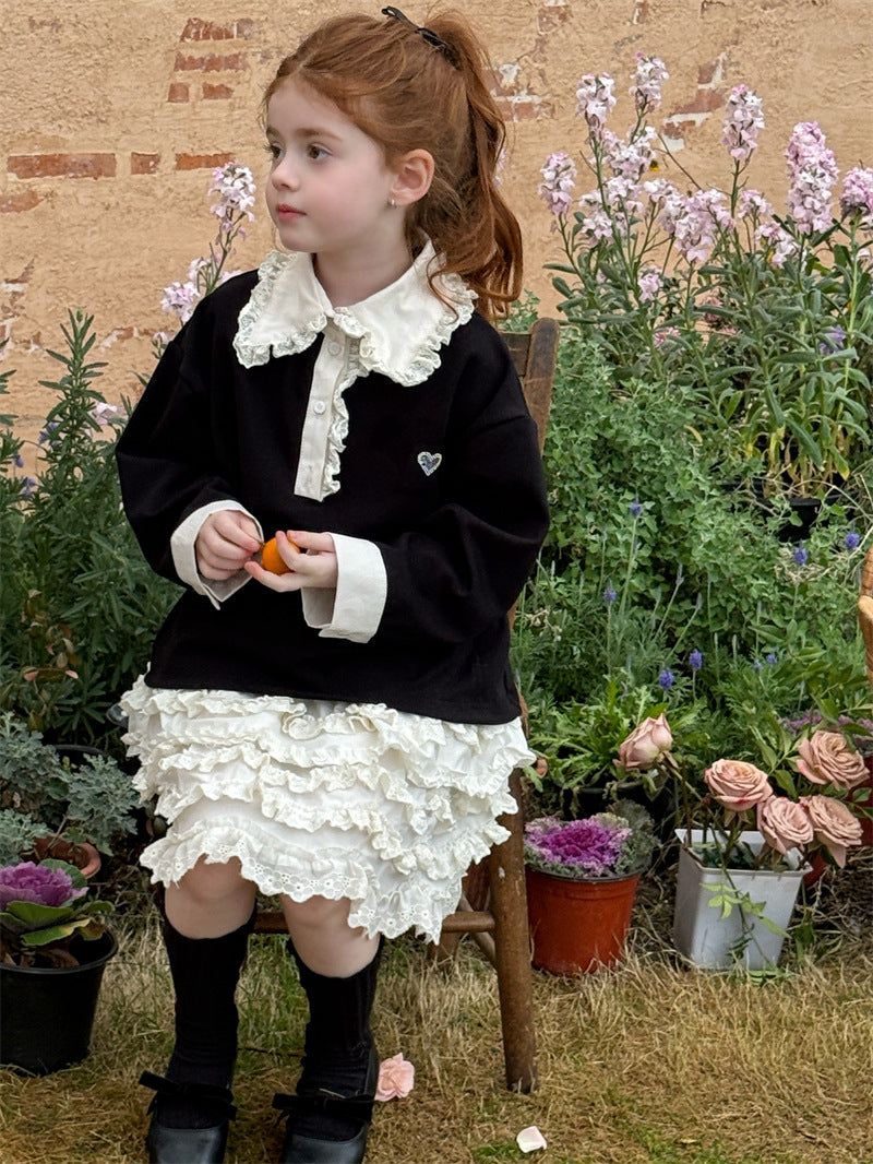 Lace Collar Rhinestone Polo Shirt レース襟 長袖ポロシャツ【mh0012428】 mamahalo shop