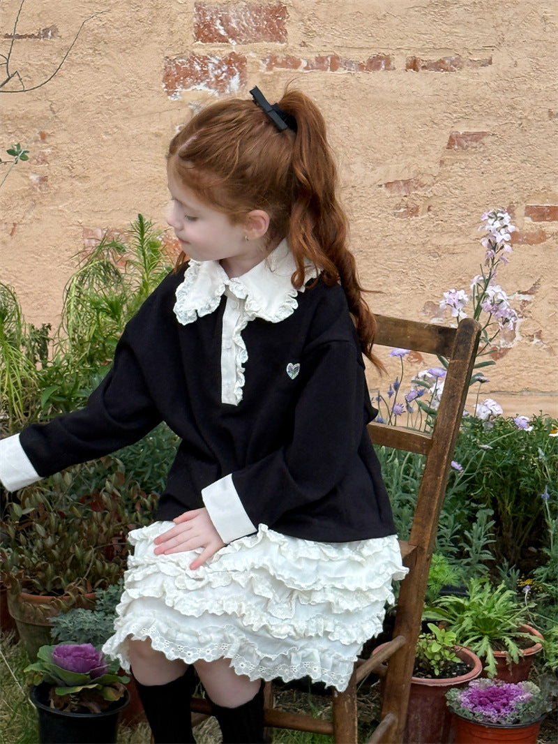 Lace Collar Rhinestone Polo Shirt レース襟 長袖ポロシャツ【mh0012428】 mamahalo shop