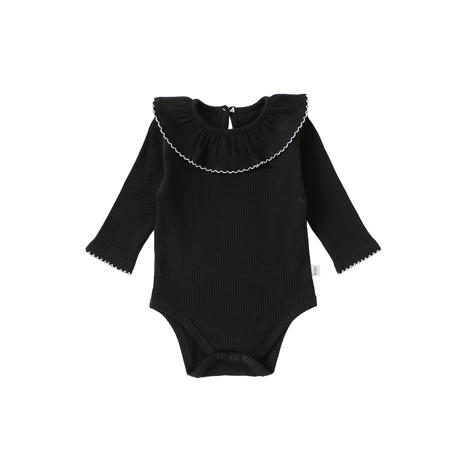 Lace Collar Ribbed Romper レース襟 長袖ロンパース【mh0012341】 66cm / Black lace collar mamahalo shop