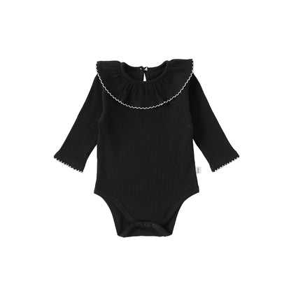 Lace Collar Ribbed Romper レース襟 長袖ロンパース【mh0012341】 66cm / Black lace collar mamahalo shop