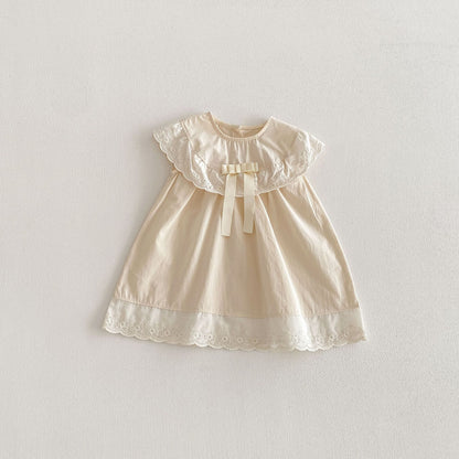Lace Collar Ribbon Cotton Dress レース襟 リボン ノースリーブ ワンピース【mh0012712】 Apricot / 80cm angou ノースリーブワンピース