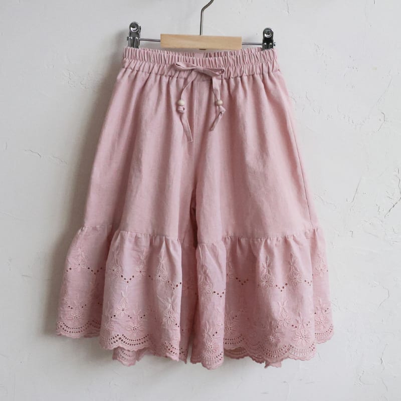 Lace Hem Wide-Leg Pants 刺繍レース ガウチョパンツ【mh0012990】 Pink / 90cm Strawberry Coral ロングパンツ・スウェットパンツ