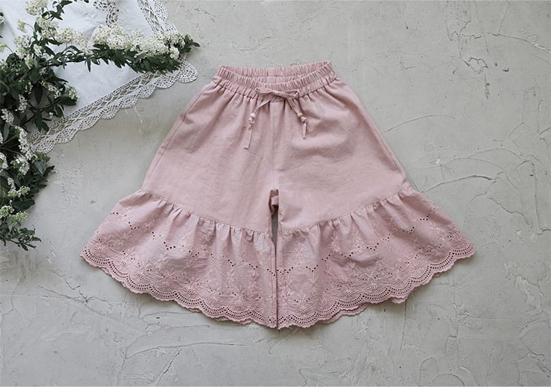 Lace Hem Wide-Leg Pants 刺繍レース ガウチョパンツ【mh0012990】 Strawberry Coral ロングパンツ・スウェットパンツ