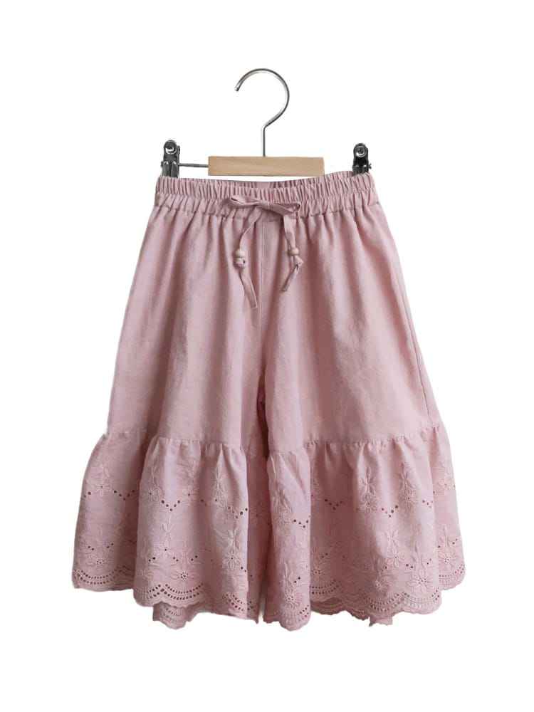 Lace Hem Wide-Leg Pants 刺繍レース ガウチョパンツ【mh0012990】 Strawberry Coral ロングパンツ・スウェットパンツ