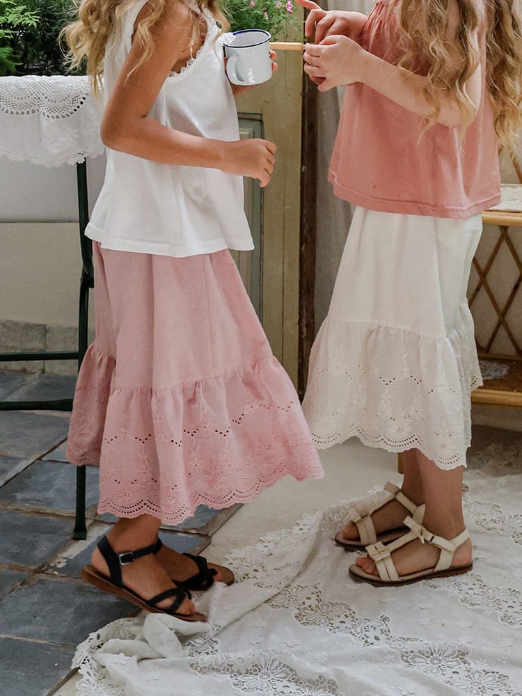 Lace Hem Wide-Leg Pants 刺繍レース ガウチョパンツ【mh0012990】 Strawberry Coral ロングパンツ・スウェットパンツ