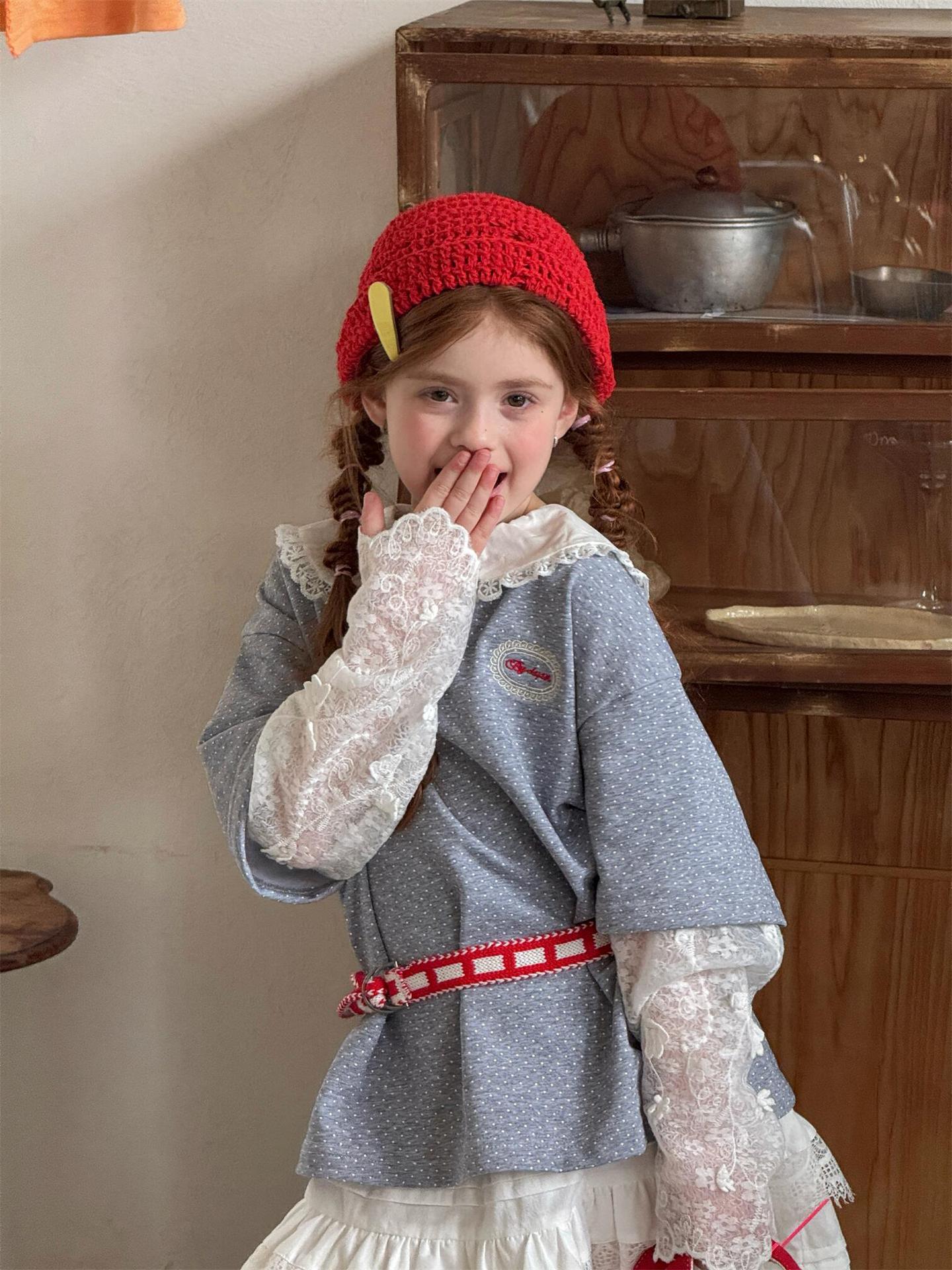 Lace Layered Fake Two-Piece Tee レーススリーブ フェイクレイヤード Tシャツ【mh0012318】 Gray / 90cm Jianzidan