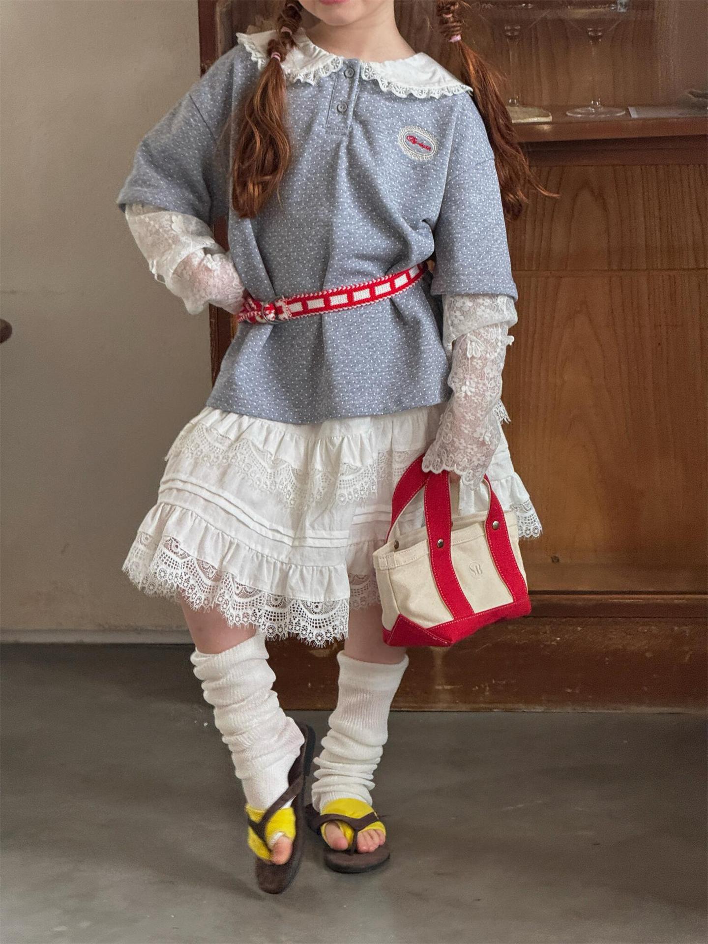 Lace Layered Fake Two-Piece Tee レーススリーブ フェイクレイヤード Tシャツ【mh0012318】 Jianzidan