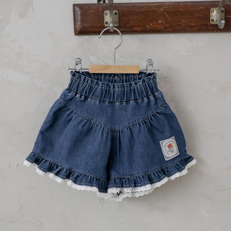 Lace Print Denim Shorts フリル デニムショートパンツ【mh0012981】 Dark Blue / 90cm Strawberry Coral ハーフパンツ・ショートパンツ