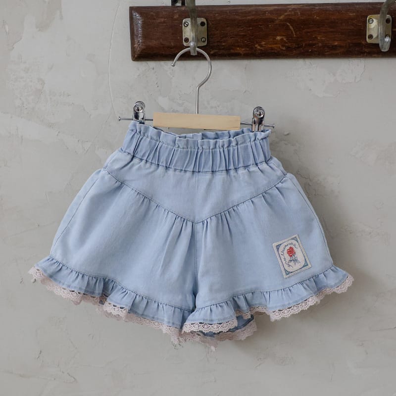 Lace Print Denim Shorts フリル デニムショートパンツ【mh0012981】 Light Blue / 90cm Strawberry Coral ハーフパンツ・ショートパンツ