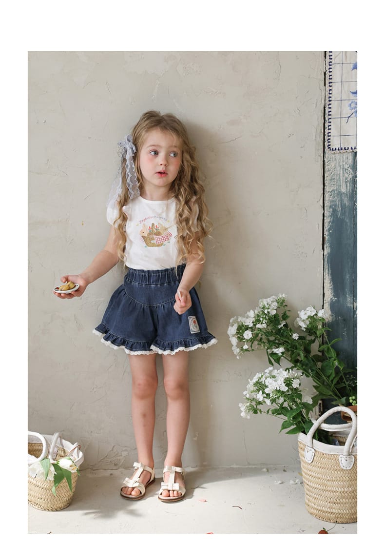 Lace Print Denim Shorts フリル デニムショートパンツ【mh0012981】 Strawberry Coral ハーフパンツ・ショートパンツ