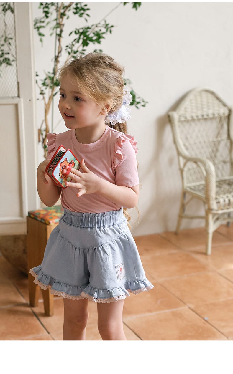 Lace Print Denim Shorts フリル デニムショートパンツ【mh0012981】 Strawberry Coral ハーフパンツ・ショートパンツ