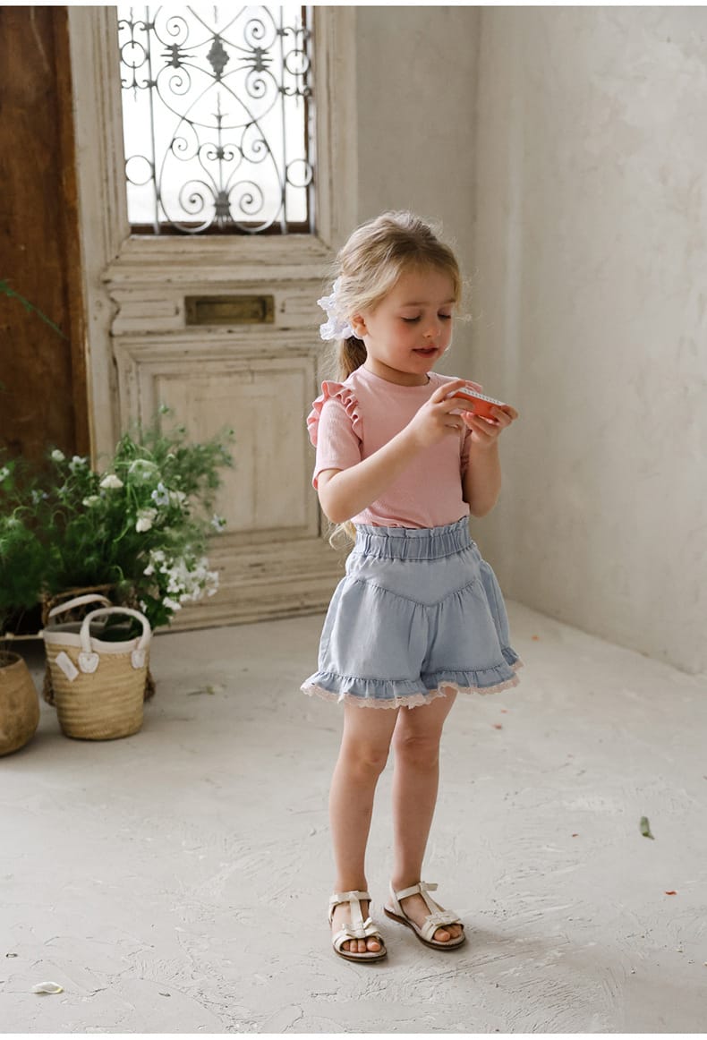 Lace Print Denim Shorts フリル デニムショートパンツ【mh0012981】 Strawberry Coral ハーフパンツ・ショートパンツ