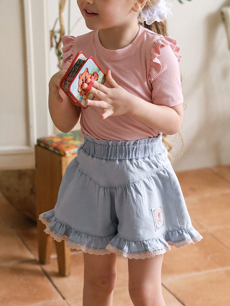 Lace Print Denim Shorts フリル デニムショートパンツ【mh0012981】 Strawberry Coral ハーフパンツ・ショートパンツ
