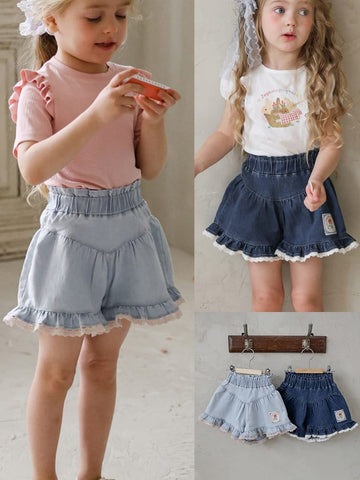Lace Print Denim Shorts フリル デニムショートパンツ【mh0012981】 Strawberry Coral ハーフパンツ・ショートパンツ