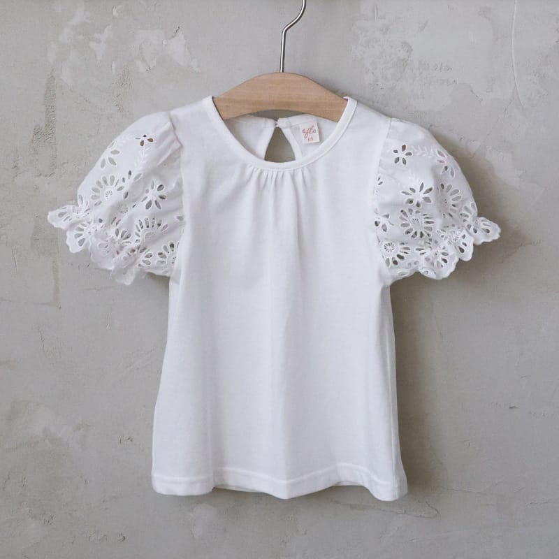 Lace Puff Sleeve Tee 刺繍パフスリーブ Tシャツ【mh0012985】 Beige White / 90cm Strawberry Coral 半袖Tシャツ