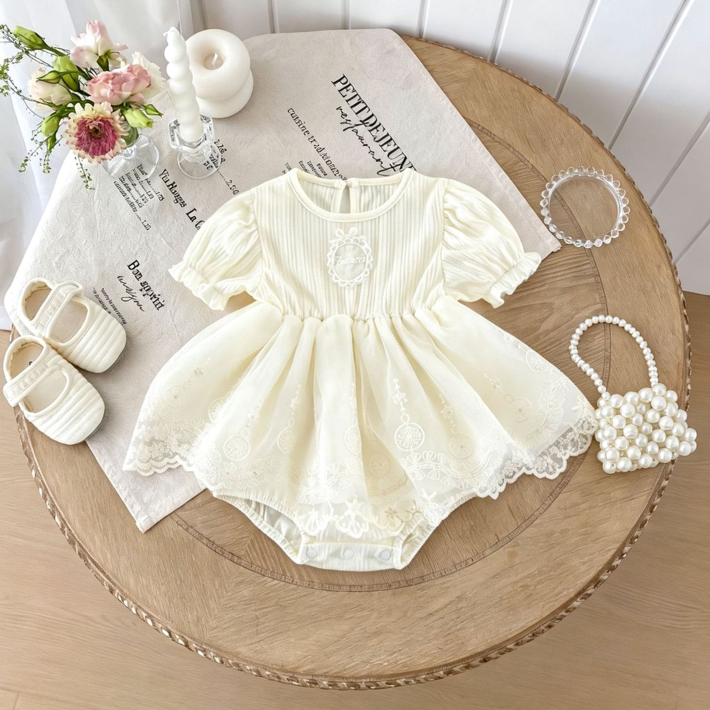 Lace Ruffle Mesh Patchwork Puff Sleeve Romper レース 半袖ロンパース【mh0013433】 angou